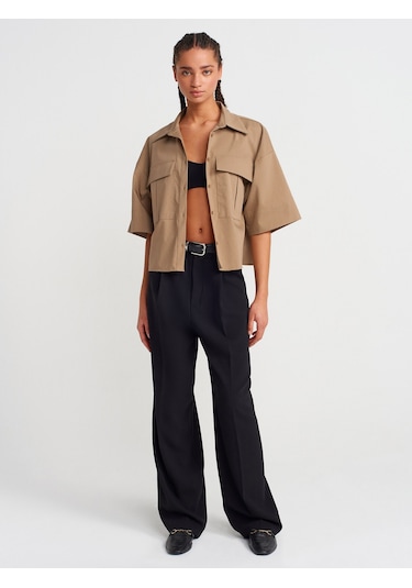 Dilvin 50495 Oversize Cepli Gömlek-camel CAMEL