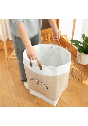 Baskılı Bej Büyük Kapasiteli Çamaşır Sepeti, Katlanabilir Bej