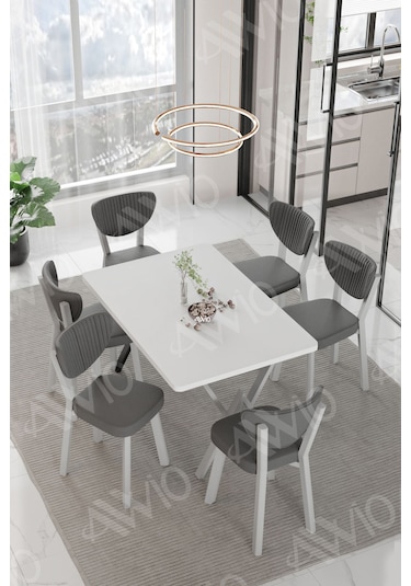 Avvio Alize Elma Sandalye 80x140 Yemek Masası Mutfak Masası 6 Kişilik Masa Sandalye Takım Beyaz