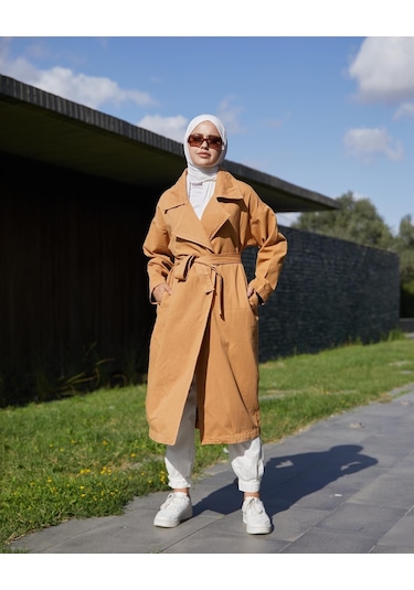 Vioshine Kadın Kruveza Yaka Kuşaklı Kot Trençkot-camel Camel
