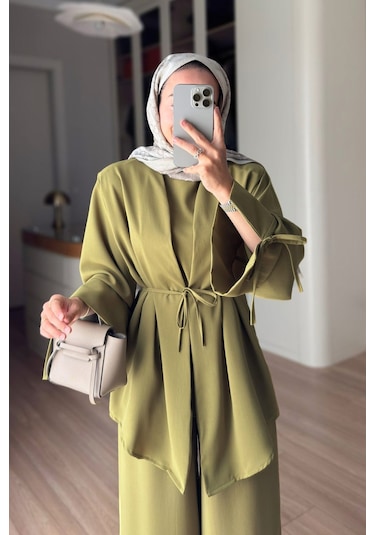 Ka Hijab Kol Detaylı Dökümlü Üçlü Takım - Yeşil