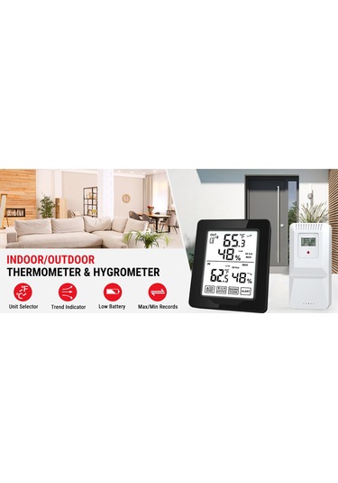 Jeehugo Dijital Hava İstasyonu: İç/ Dış Sıcaklık Nem Ölçer, Maks/ Min Kayıt, Sıcaklık Trendi, Alarm Fonksiyonu, Beyaz Arka Işık - Pil Yok Siyah