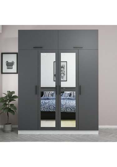 Minar Kale 4 Kapaklı 2 Aynalı 2 Ç Dolap Ve Yüklük Beyaz Antrasit 235cm