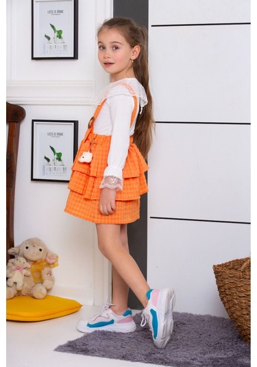 Yaka Detaylı Badi Salopet Çocuk Elbise Turuncu