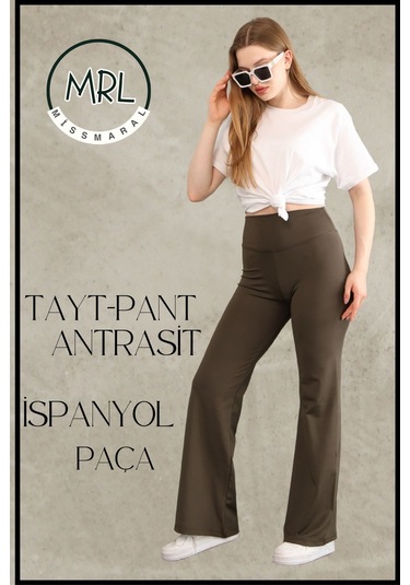 Kadın Yüksek Bel Toparlayıcı Tayt Pantolon Ispanyol Paça Likralı Esnek Dalgıç Kumaş Haki 1040 Haki