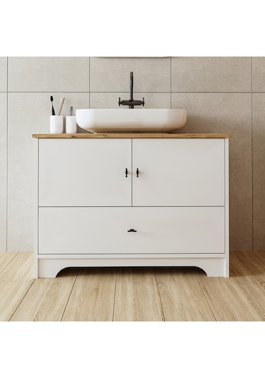Oval Lavabolu Ayaklı 2 Kapaklı Çekmeceli Mdf 100 Cm Banyo Aria Atlantik Çam - Beyaz