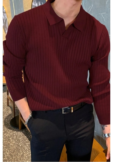 Cool Tarz Erkek Polo Yaka Triko Kazak Slim Fit Fitilli Bordo
