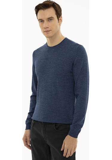 Cacharel İndigo Slim Fit Bisiklet Yaka Basic Triko Kazak Mavi