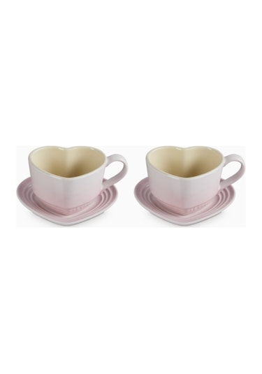 Le Creuset Kalp Şeklinde Seramik Kupa Ve Tabak Seti 2 Li Shell Pink