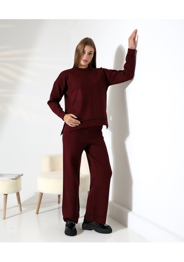 Kontrast Dikişli Kadın Triko Takım Bordo