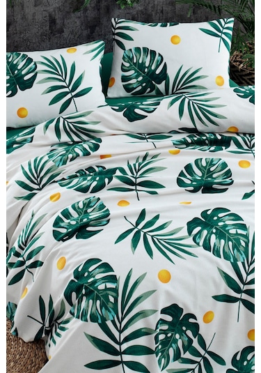 Doğal Pike Baskılı Mega King 230x260cm Monstera Yeşil Yeşil