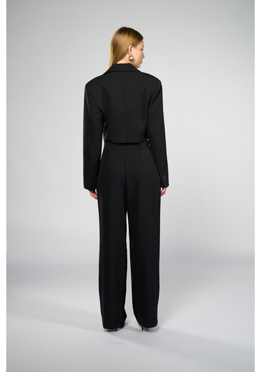 Kadın Siyah Geniş Yaka Crop Blazer Siyah