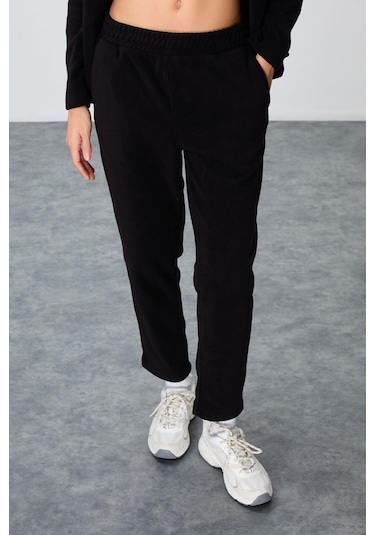 Tommy Life Siyah Kalın Yumuşak Dokulu Dik Yaka Oversize Nakışlı Polar Kadın Eşofman Takım -95339 Siyah