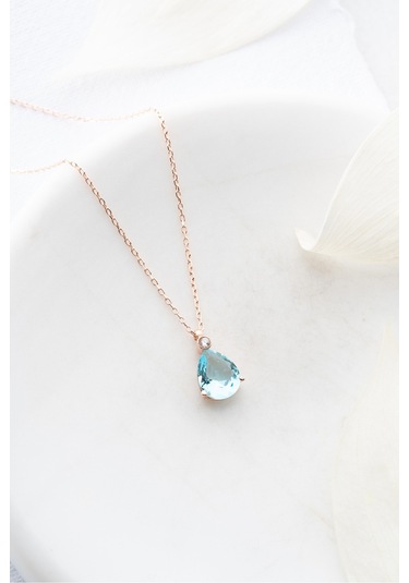 Nereze 925 Ayar Gümüş Rose Aquamarin Damla Tektaş Kolye