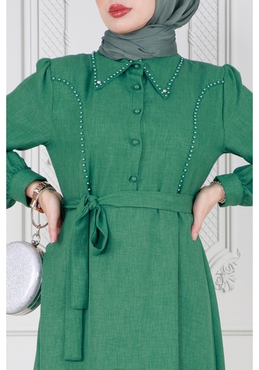 İnci Detaylı Kuşaklı Tesettür Elbise-yeşil-3587-kiremit Kiremit