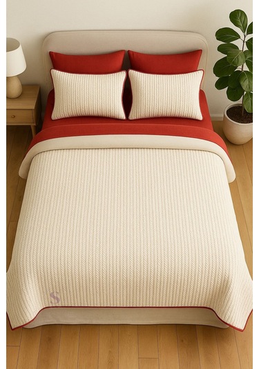 Kırmızı - Ekru Örgü Desen Tek Kişilik Nevresim Takımı Pike Tkm Kırmızı - Krem