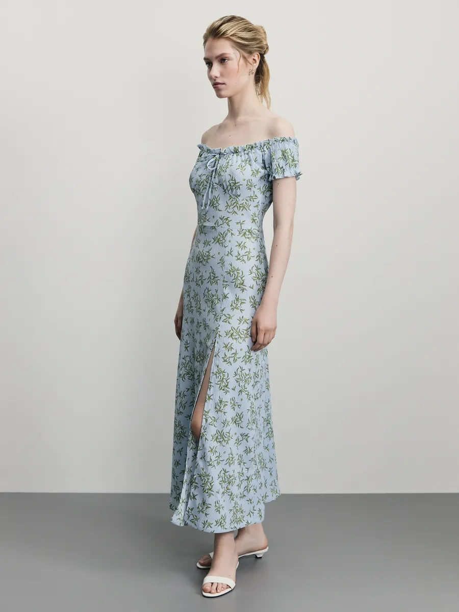 Zarına Uzun Yırtmaçlı Ve Kısa Kollu Elbise 371769342 Açık Mavi