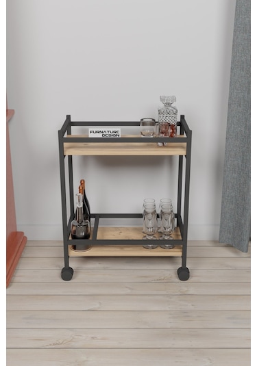 Servis Arabası Ev Tipi 2 Katlı Şişe Bölmeli Servant Atlantik Çam