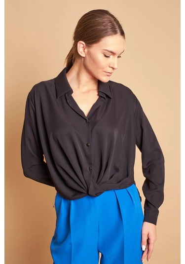 Yakalı Önü Pileli Uzun Kol Likrasız Şık Kumaş Gömlek-siyah Siyah