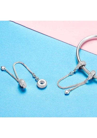 Fastbuy 925 Ayar Gümüş Aşk Kalp Güvenlik Zinciri Kolye, Renkli Charm Stoper Bilezik Kadın Diy Takı Çok Renkli