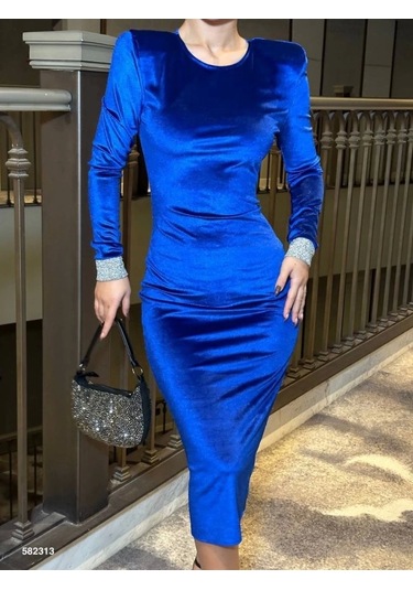 Kadın Bisiklet Yaka Vatkalı Manşet Detay Kadife Kumaş Midi Boy Elbise Saks Mavi