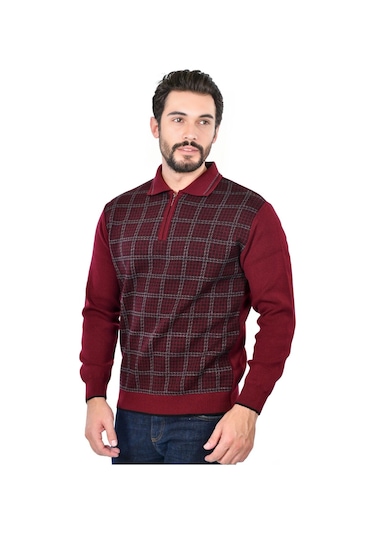 Kamalı Erkek Çelik Örgü Kazayağı Gömlek Yaka Fermuarlı Polo Yaka Tüylenmeyen Triko Kışlık Baba Kazak Bordo