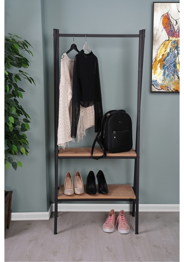 Yeşim 2 Raflı Metal Giysi Askılık Siyah