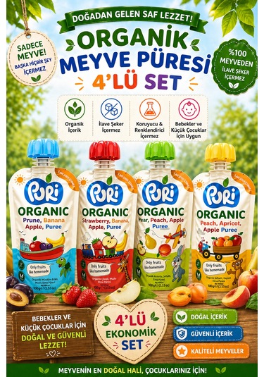 Organic %100 Organik Meyve Püresi 100 G x 4 Karışık Aroma İlave Şekersiz 4'lü Set