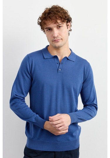 Erkek Basic Polo Yaka İnce Triko Kazak İndigo İndigo