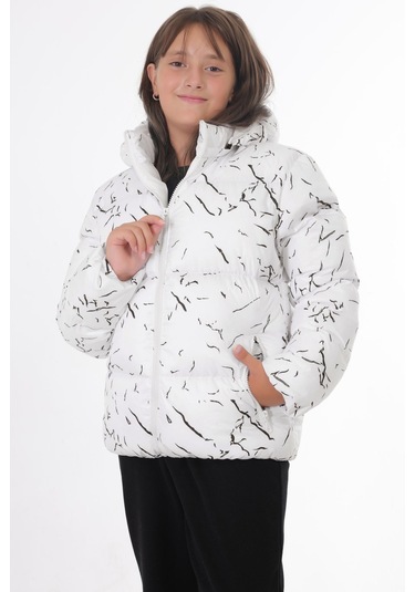Kız Çocuk Beyaz Çıkabilir Kapüşonlu Su Ve Rüzgar Geçirmez Cepli Kışlık Şişme Mont & Kaban & Parka Beyaz