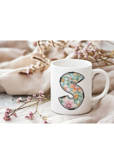 S Harfli Pastel Çiçek Desenli Kahve Kupası - Kişiye Özel Çiçekler Koleksiyonu Bardak - Hediye Beyaz