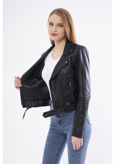 DERİNSS DKA9020 Hakiki Deri Kadın Siyah Mont