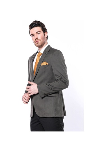 Kendinden Desenli Slim Fit Kahverengi Erkek Ceket 001