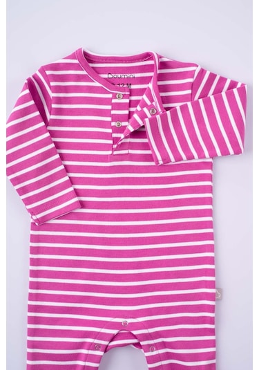 Boumini Bebek Uzun Kollu Çıtçıtlı Tulum Çizgili Fuşya-fuşya Fuşya