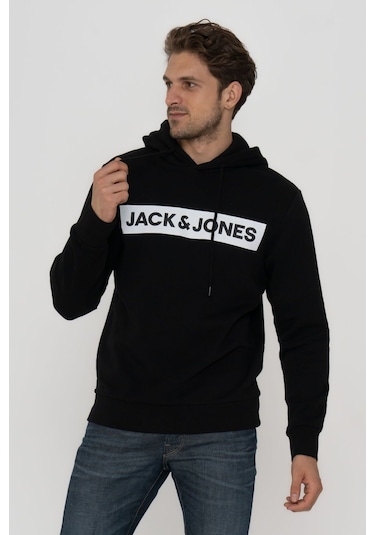 Jack & Jones Erkek Logo Baskili Kapüsonlu Sweatshirt - Minder 12214643 Black Koyu Yeşil