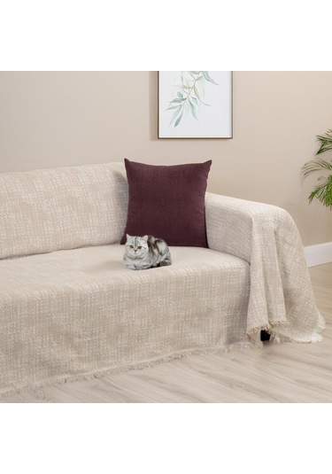 Purecot Premium Pamuklu Püsküllü Koltuk Örtüsü 180x300 Large Çift Taraflı Terletmez Kaymaz , Bej Bej