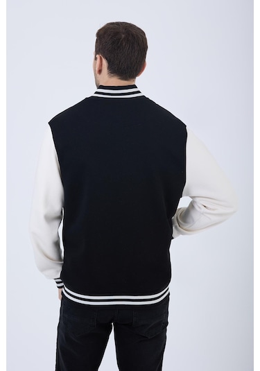 Erkek 3 İplik Pamuklu İçi Polarlı Regular Fit Nakışlı Siyah Kolej Ceket Siyah