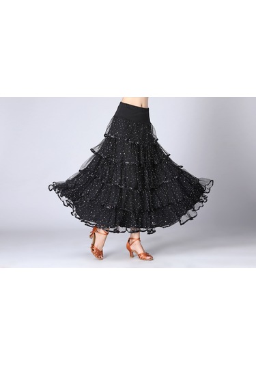 Sones Pullu Salıncak Modern Dans Uzun Etek Yarışma Kostümü Siyah