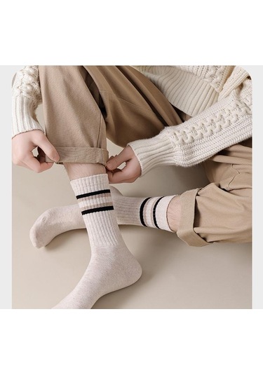 12 Çift Paket - Erkekler İçin Sonbahar/kış Orta Baldır Çizgili Pamuklu Çoraplar, Tek Beden Gri
