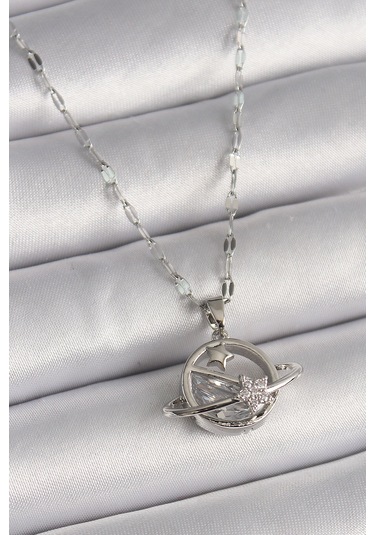 Gümüş Renk Zincir Zirkon Taşlı Yıldız Detay Gezegen Model Kadın Kolye - Ebj241228w30251 Bakır