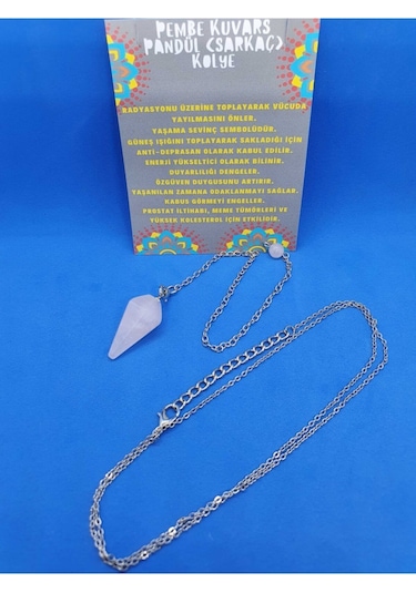 Sertifikalı Pembe Kuvars Doğal Taş Pandül Sarkaç Kolye Çok REnkli