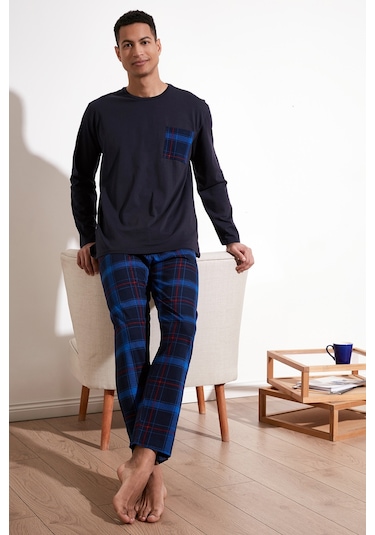 Buratti Ekoseli Cepli Beli Lastikli % 100 Pamuk Regular Fit Erkek Pijama Takımı 6572001 Lacivert-Saks