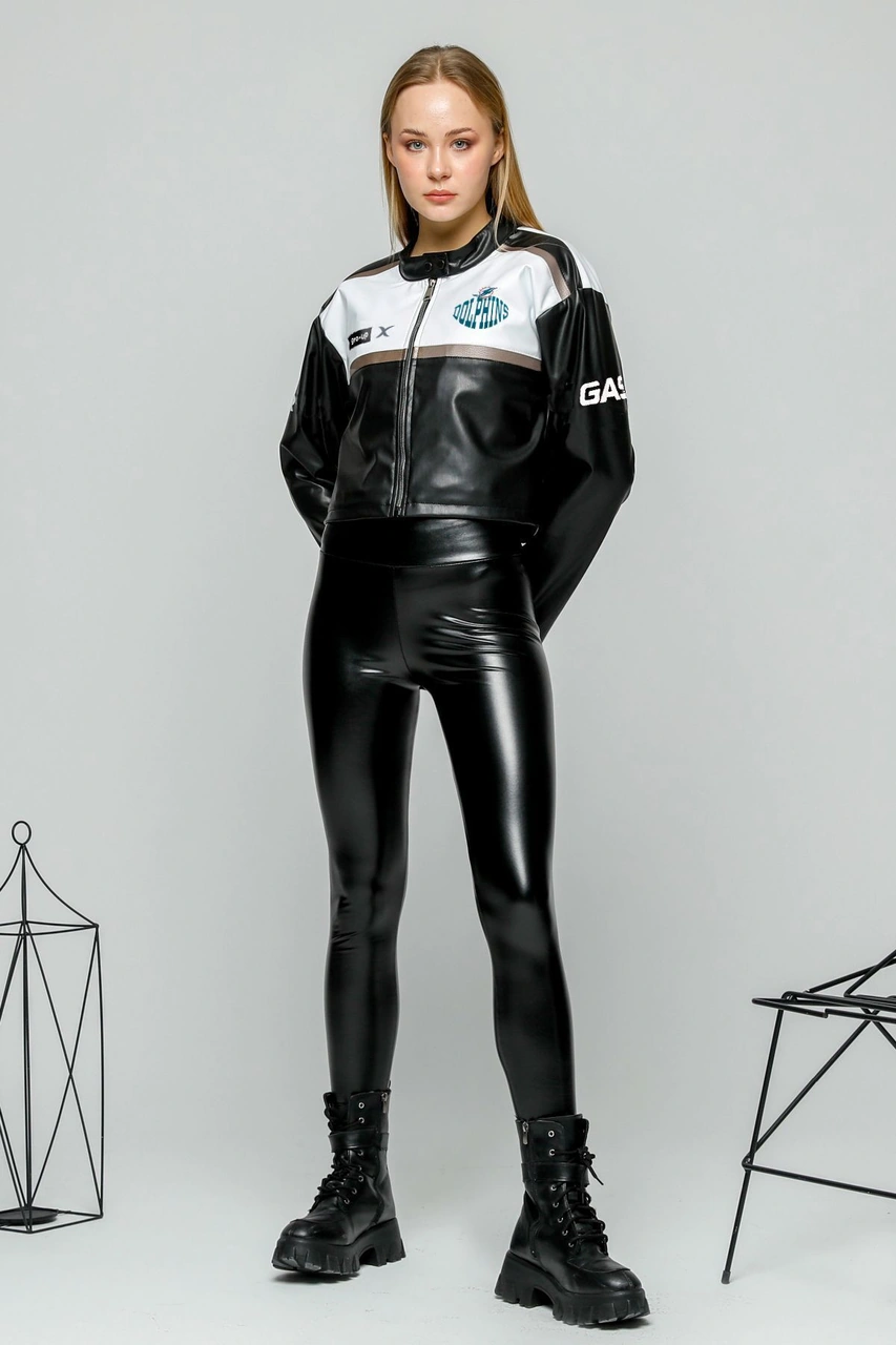 Kadın Oversize Baskılı Deri Şeritli Motorcu Montu Kısa Fermuarlı Yarışçı Ceketi Bomber Kolej Mont Gri