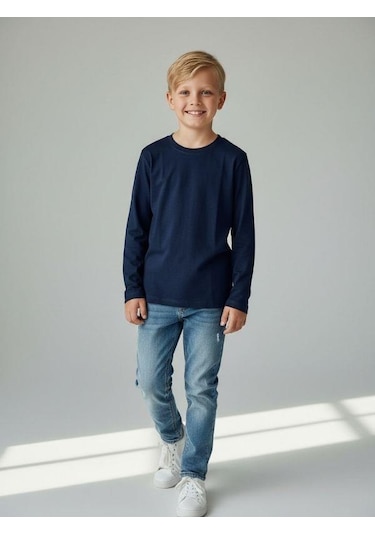 Zekids Erkek Çocuk Pamuklu Uzun Kol Basic T-shirt-16713 Lacivert