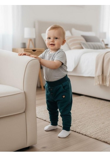 Zekids Erkek Çocuk Pamuklu Lastikli Duble Paça Eşofman Altı-16388 Yeşil