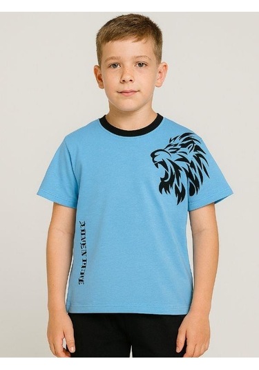 Çocuk Aslan Baskılı Pamuklu Oversize T-shirt-16014 Mavi