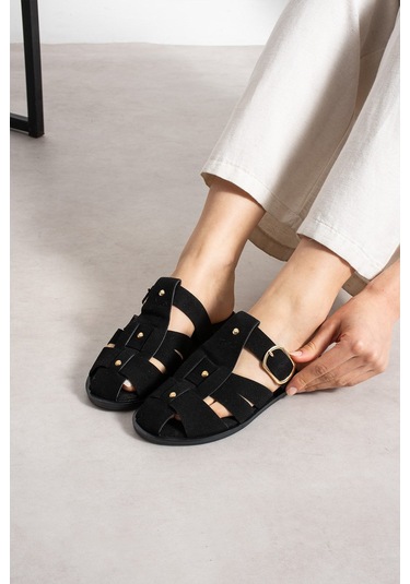 Shoetek Olwa Kadın Pimli Terlik Bantlı Tokalı Siyah Süet