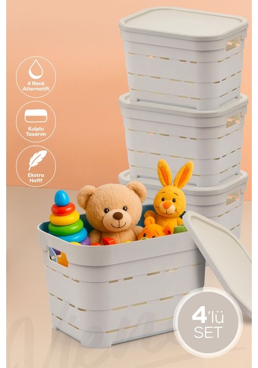 Vienev 4'lü Kapaklı 5 Litre Delikli Saklama Kutusu Bej Bej