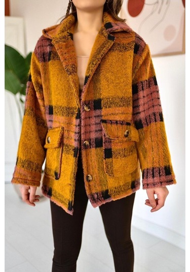 Lucky Life Kadın Hardal Fuşya Düğmeli Ekoseli Kaban Çok Renkli