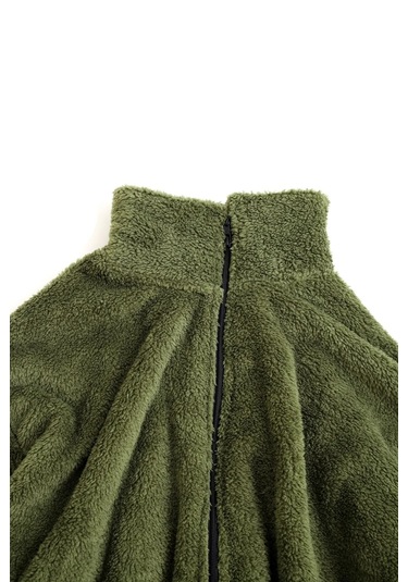 Fifty Color Haki Peluş Dik Yaka Cepleri Fermuarlı Oversize Peluş Ceket Haki